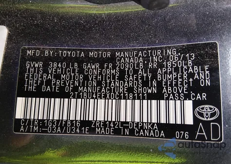 2013 Toyota Corolla Le from USA, damaged, VIN 2T1BU4EEXDC118111